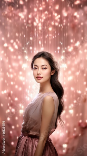 Elegant Beauty in a Luxurious Backdrop: Beautiful Asian Woman Adorning Your Beauty Banner with Grace and Style