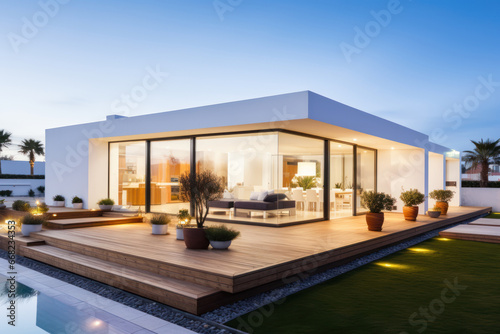 exterior of a minimalist modern house with a terrace and a lawn © Jam