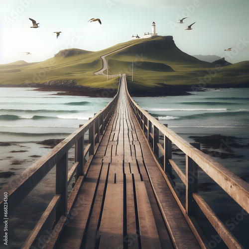 Long Wooden Bridge over a Rippling Atlantic Pacific Ocean Sea Leading to a Shoreline Maritime Marine Nautical Lighthouse Light Ray Tower with Lots of Sky Seagulls, Top of Hill Landscape Road & Trails photo