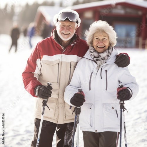 Senior couple having fun on snow in mountains. Senior couple skiing on a beautiful sunny winter day. Retired elderly partners living an active cheerful life on vacation in a ski resort.