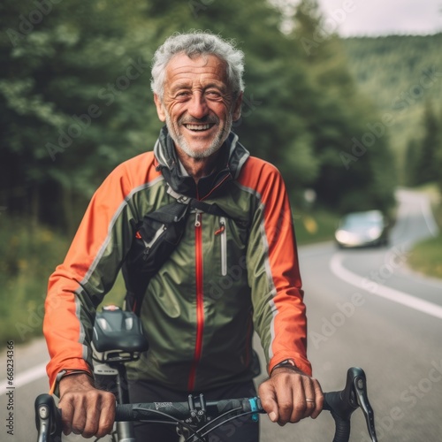 Portrait of smiling senior man with bicycle in forest. A Happy active elderly man riding a bicycle outdoors. Grandfather with professional gear on a bicycle trip in wild woods. © Valua Vitaly