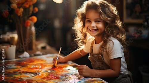 Joyful Child Expressing Artistic Skills, Painting on Canvas with Colorful Imagination