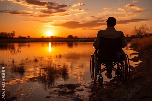 Silhouette of a disabled person on a wheelchair sunset background. International Day of Persons with Disabilities or Disabled sports.