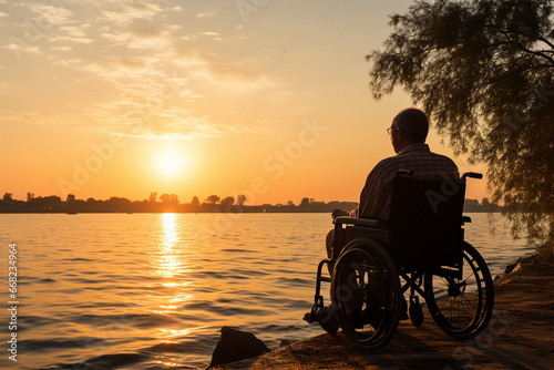 Silhouette of a disabled person on a wheelchair sunset background. International Day of Persons with Disabilities or Disabled sports.