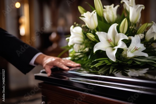 White lilies on the coffin lid. Black coffin and white flowers. Farewell and burial ceremony. photo