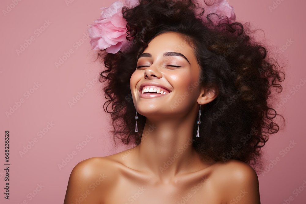Close-up studio portrait of a beautiful young Caucasian woman. A cheerful girl with a great hairstyle, a wide charming smile and flawless makeup. Youth and beauty. Isolated on pink background.