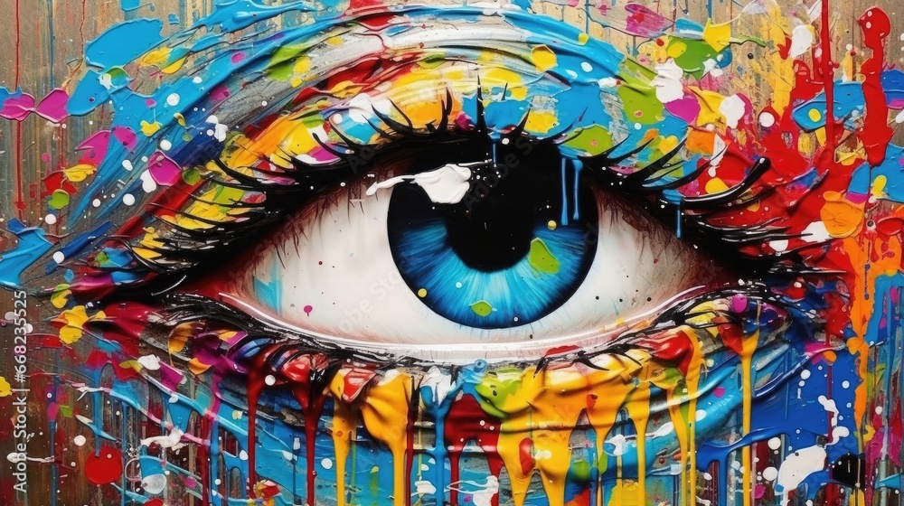Fototapeta premium Colorful eye, Conceptual abstract picture of the eye. Oil painting in colorful colors. Conceptual abstract closeup