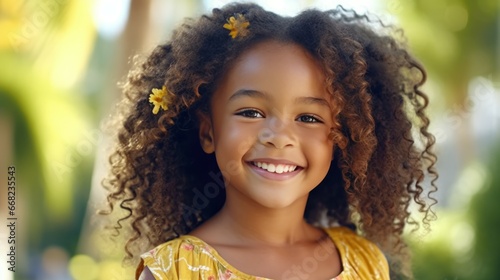 Happy african american girl smiling in the city. Closeup Portrait of a happy African kid standing on a European city street. African female child with perfect white teeth closeup. . photo
