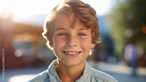 Happy boy smiling in the city street. Closeup Portrait of a smiling Caucasian kid standing on the sidewalk. Cheerful European pre-teen child with perfect white teeth outdoors closeup. . photo