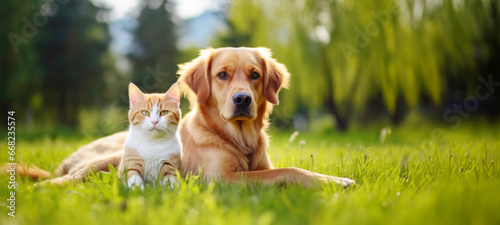 Cute dog and cat lying together on a green grass field nature in a spring sunny background photo
