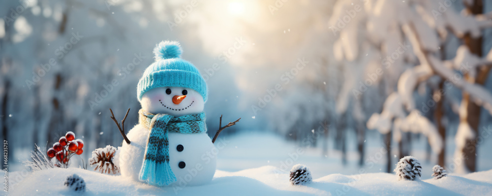 Snowman wearing a hat and scarf in winter scenery. Merry Christmas and Happy New Year greeting card. Forest background. - obrazy, fototapety, plakaty 