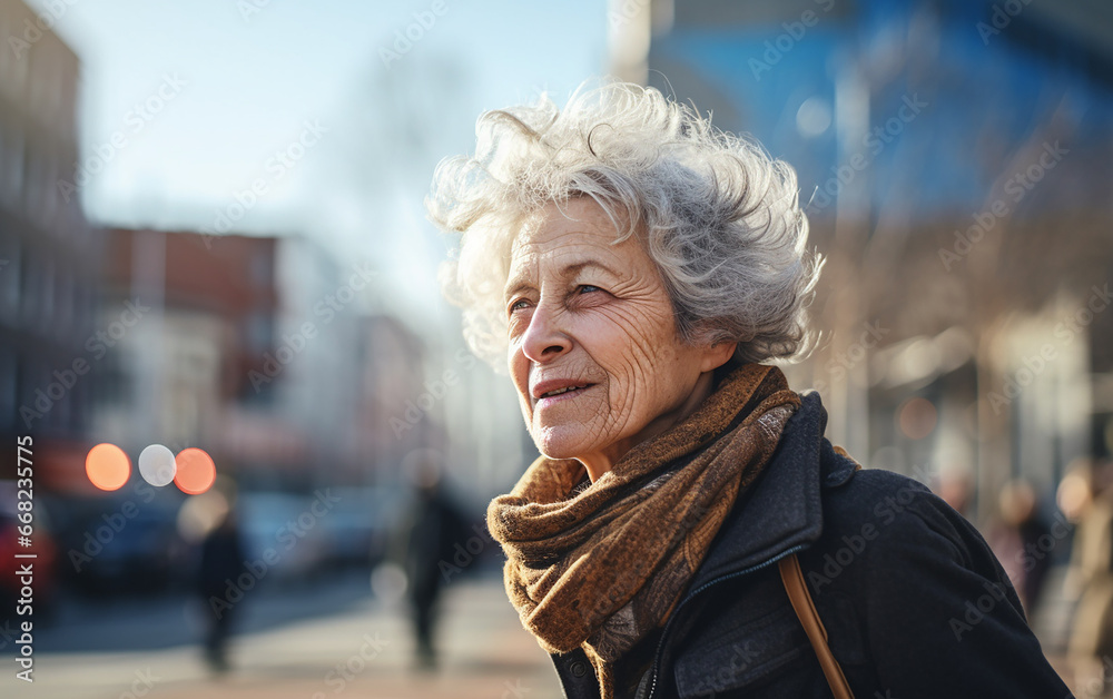 Senior woman walking alone. Elderly lady outside in the city. Senior woman walking alone. Elderly lady outside in the city.