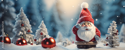 Gnome in winter scenery. Merry Christmas and Happy New Year greeting card. Forest background.