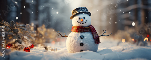 Snowman wearing a hat and scarf in winter scenery. Merry Christmas and Happy New Year greeting card. Forest background. © Rabbit_1990