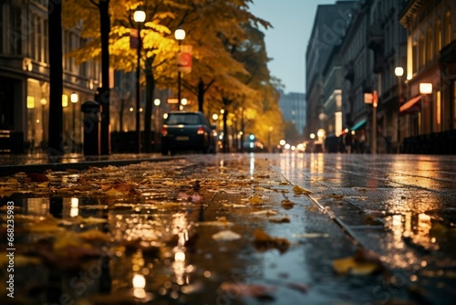  worn asphalt is adorned with crisp yellow leaves, leaf gently kissed by the warm light emanating from street lamps. © NS