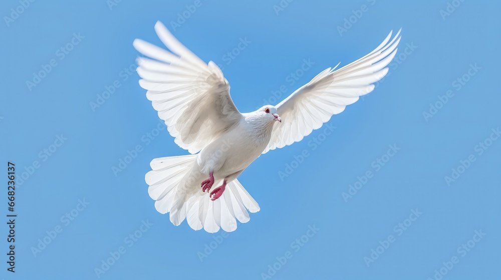White dove or pigeon with outstretched wings on blue sky White dove or pigeon with outstretched wings on blue sky