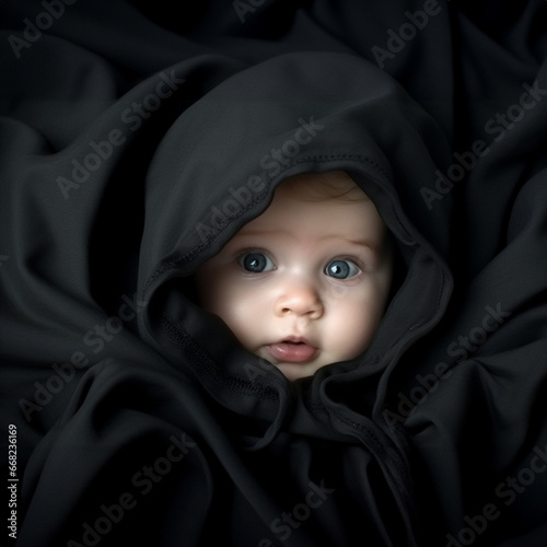 In the depths of a dark hood, an infant Caucasian Girl radiates an air of cleverness with his charismatic and intelligent expression. Generative AI.
