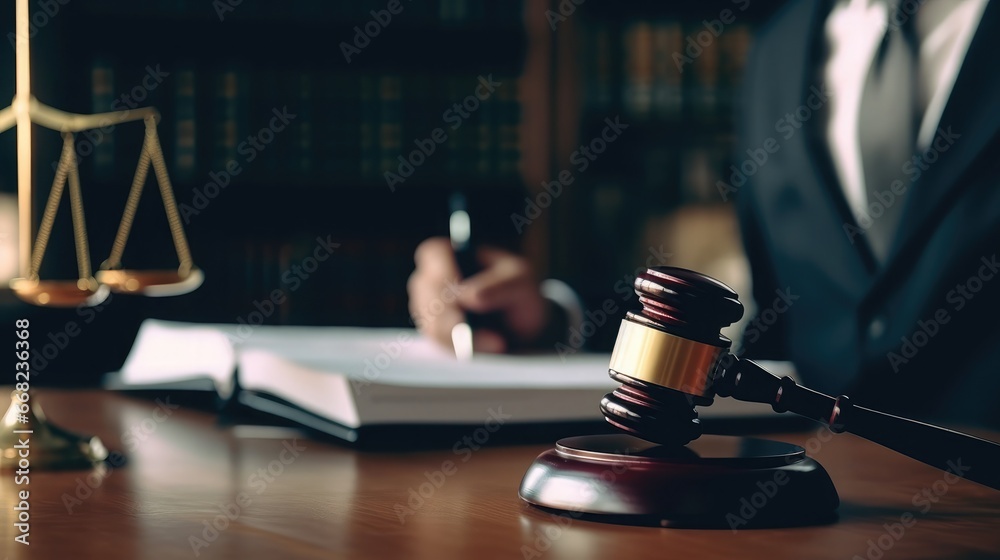Judge gavel and Scales of Justice in the Court Hall, Law, and justice concept. Lawyers desk with afternoon light, Ai Generative
