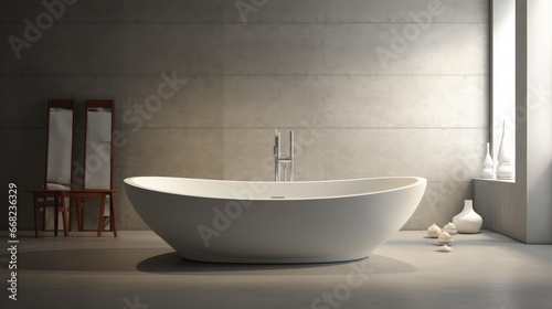 Stylish ceramic tub and modern tab in bathroom