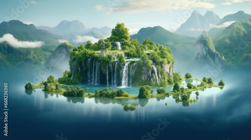 Floating island, Flying green forest land with trees, green grass, mountains, blue water and waterfalls isolated with clouds. © tong2530