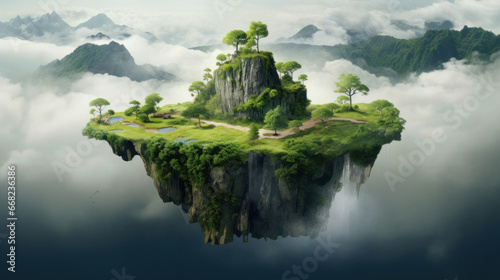 Floating island, Flying green forest land with trees, green grass, mountains, blue water and waterfalls isolated with clouds. © tong2530