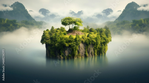 Floating island  Flying green forest land with trees  green grass  mountains  blue water and waterfalls isolated with clouds.