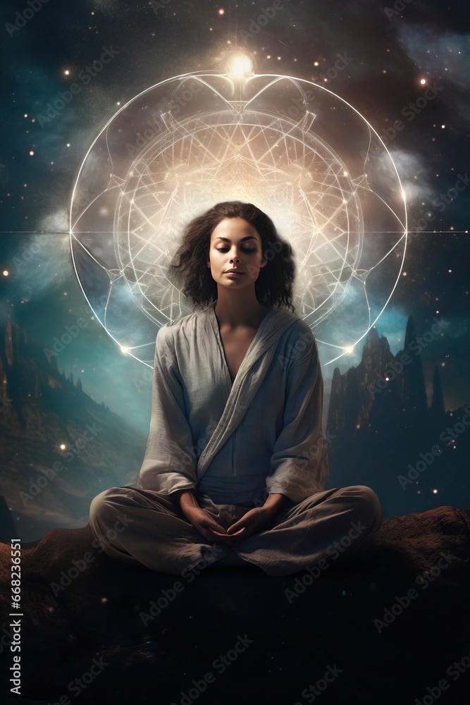 A yogini girl meditates in the lotus position against a cosmic background. A yogini girl meditates in the lotus position against a cosmic background.