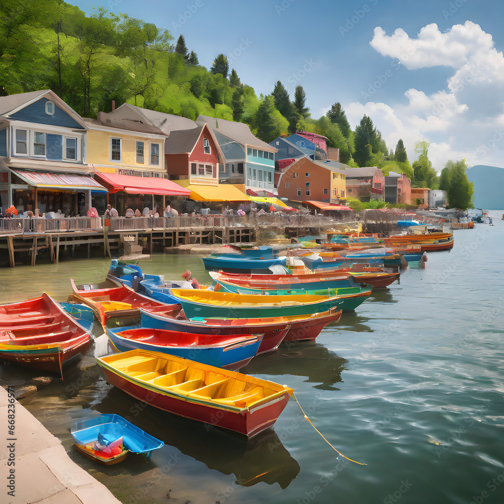 A bustling lakefront town with colorful boats docked along the shore and a lively market Boats On Lake front Market Or Docking Yard