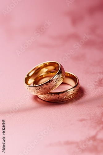 Two engagement wedding rings on a pink background.