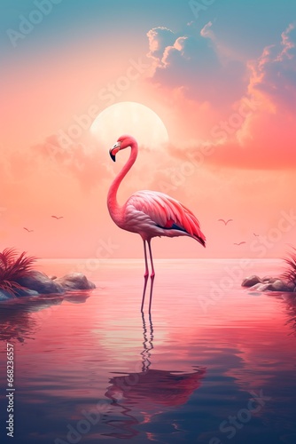 Pink background with flamingos standing in the water around a palm tree.