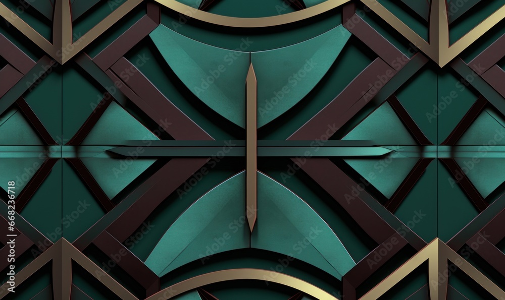 Geometric seamless 3D pattern in green with gold and black elements. Centric series. 3d illustration, Generative AI