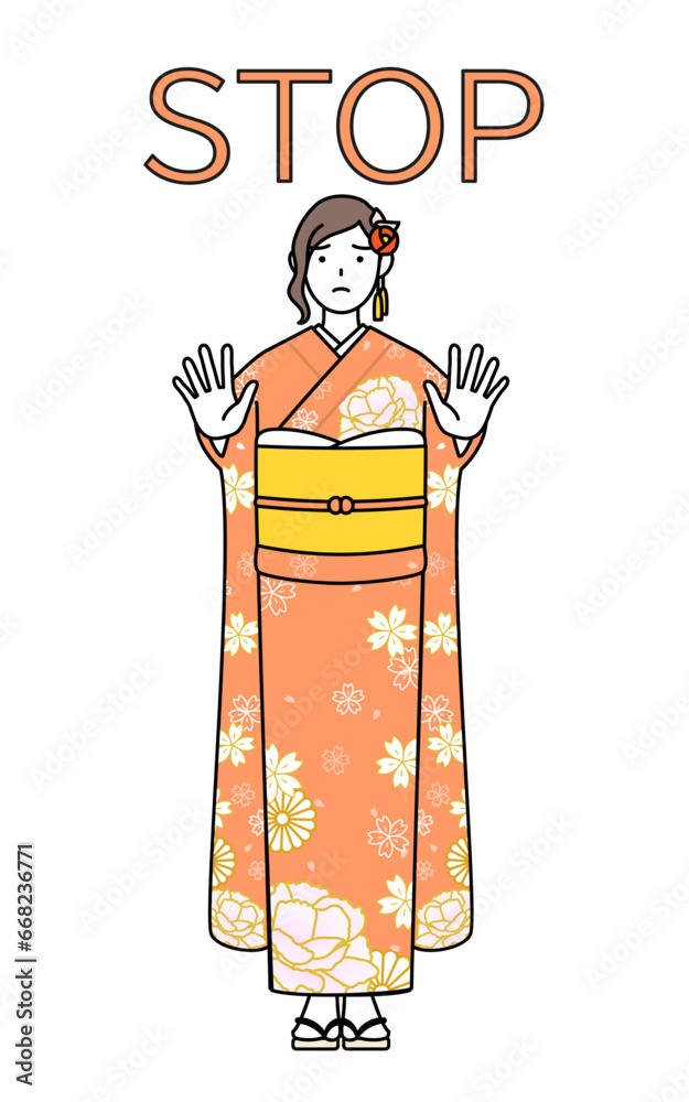 ストップの合図、体の前に手を突き出す振袖姿の女性、お正月の初詣や成人式、卒業式や結婚式などで