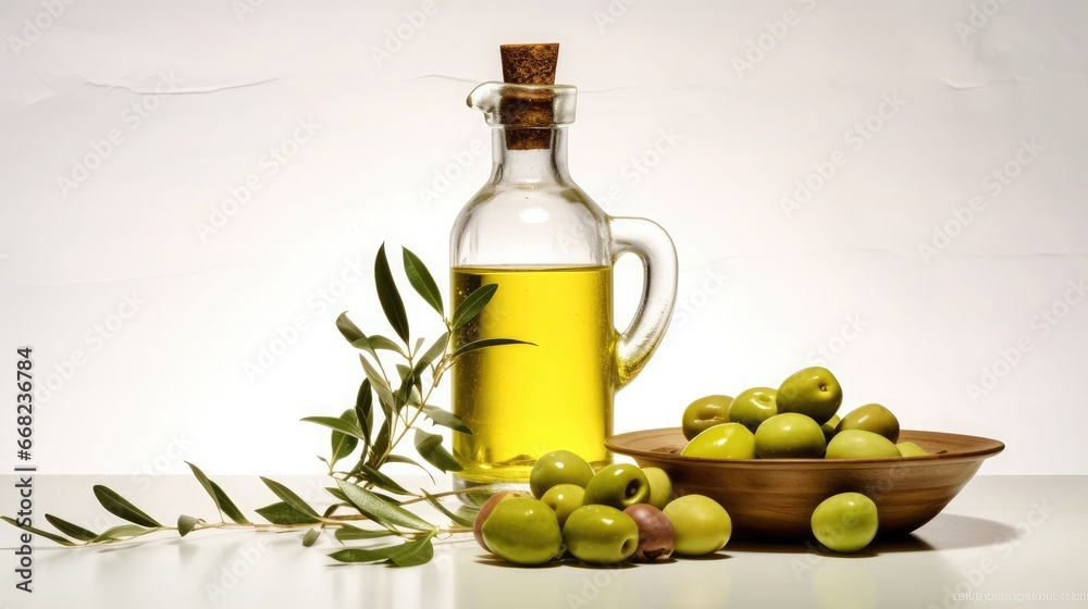 a glass jug with a bottle of olive oil next to some olives a glass jug with a bottle of olive oil next to some olives