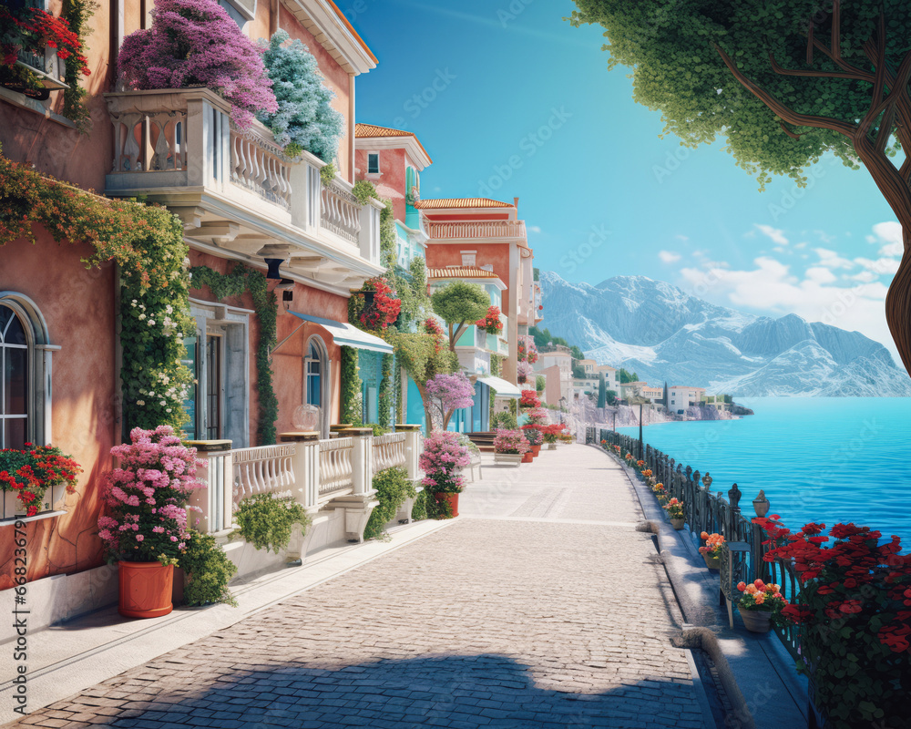 Picturesque view of traditional sunny mediterranean style of colorful houses on small street with flowers in foreground. Vacations concept. Background is mountains with  snow.