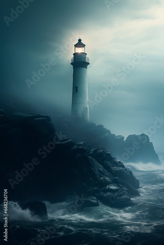 Lighthouse on a rock near the sea. Dark background with fog and night landscape.