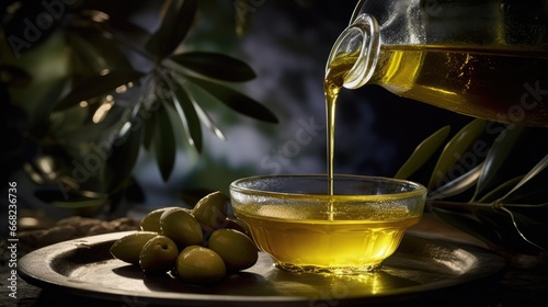 a glass jug with a bottle of olive oil next to some olives