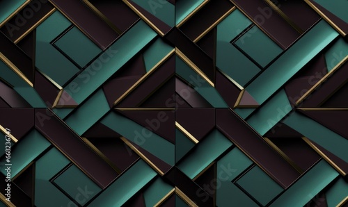 Geometric seamless 3D pattern in green with gold and black elements. Centric series. 3d illustration, Generative AI