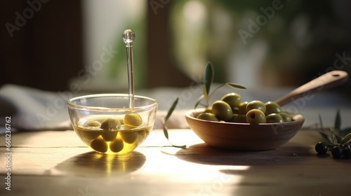a glass jug with a bottle of olive oil next to some olives