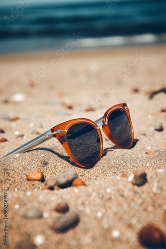 Sunglasses lie on the sand on the seashore. Travel, vacation concept.