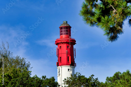 A glimpse of Cap Ferret Lighthouse, 57 metres high, poking through the maritime pines on a peninsula jutting out from Arcachon Bay, France into the Atlantic Ocean 