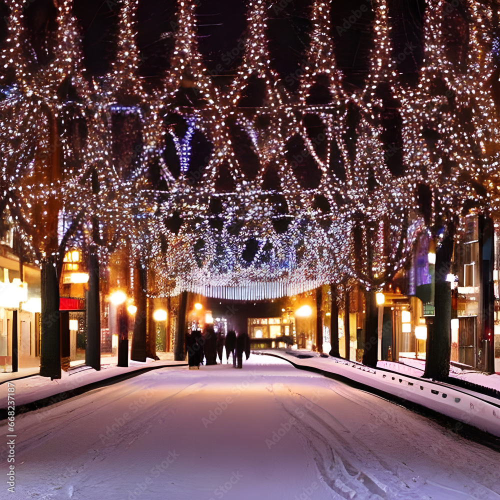 A bustling city street covered in a blanket of snow with twinkling lightsStreet in Night Street Covered in Night With Lights Night scene of Street