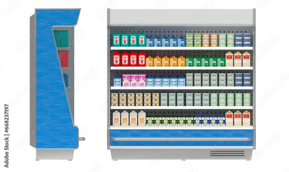 Refrigerated showcase with dairy products. 3d illustration Refrigerated showcase with dairy products. 3d illustration