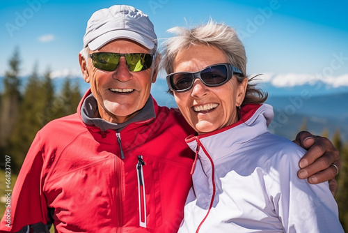 Happy smiling elderly couple with sunglasses hiking in the Alp mountains.