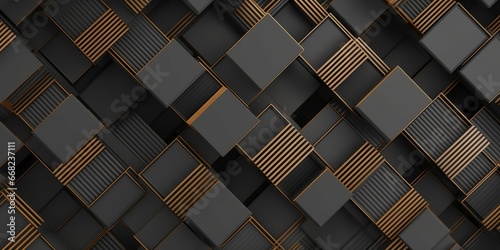 3d illustration. Seamless geometric wallpaper made of metallic black and gold rectangles randomly arranged on a gray background. High quality seamless realistic texture, Generative AI
