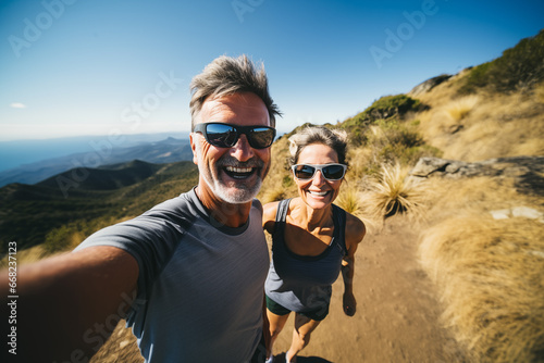 A happy middle-aged couple with sunglasses doing a selfie while hiking in the mountains in summer.