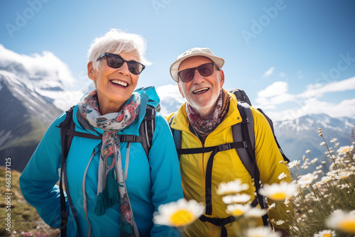 Happy smiling elderly couple with sunglasses hiking in the Alp mountains. photo