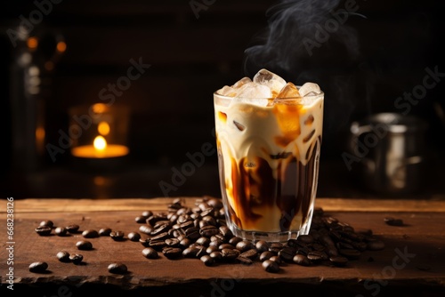 A Chilled Vanilla Iced Coffee in a Glass, Set Against a Rustic Backdrop with Vanilla Pods and Coffee Beans