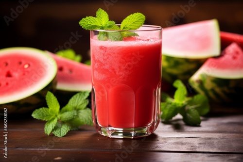 A Vibrant Red Glass of Icy Cold Watermelon Juice with Mint Leaves on a Sunny Summer Day