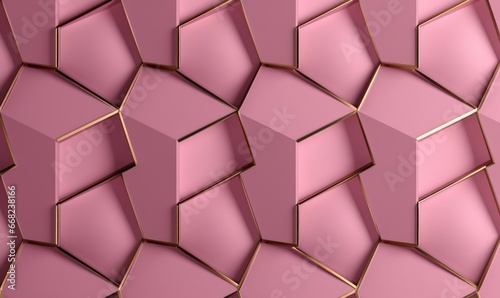 Geometric seamless pattern in pink with golden decor. Hexagon tiles with relief materials. 3D render  Generative AI