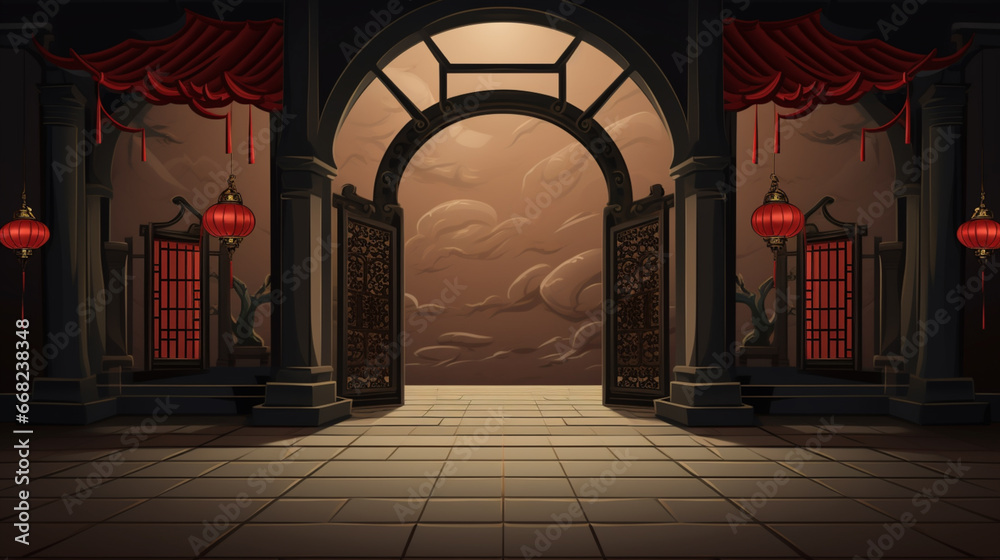 An illustration of a grand entrance gate adorned with traditional Chinese lattice work and red lanterns, copy space.